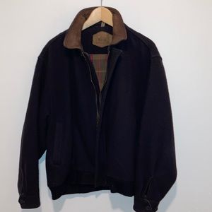 - Vintage Woolrich Wool Navy Jacket Leather Trim Men’s Large USA